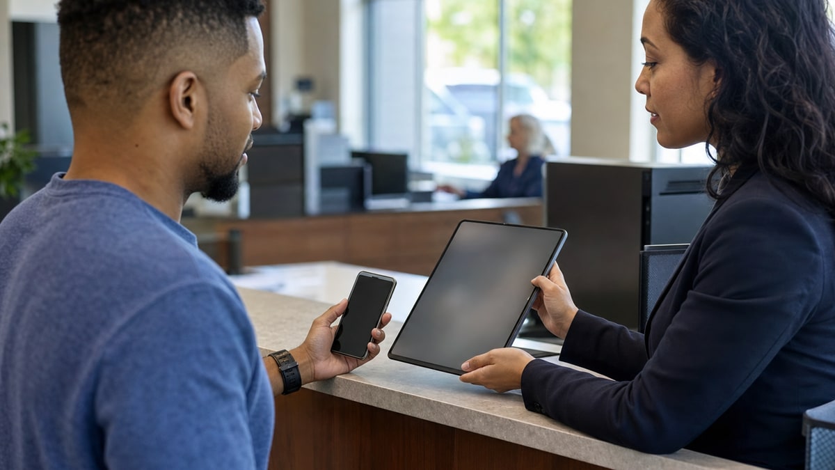 A consumer at a credit union counter reviewing a credit-building plan on a tablet.